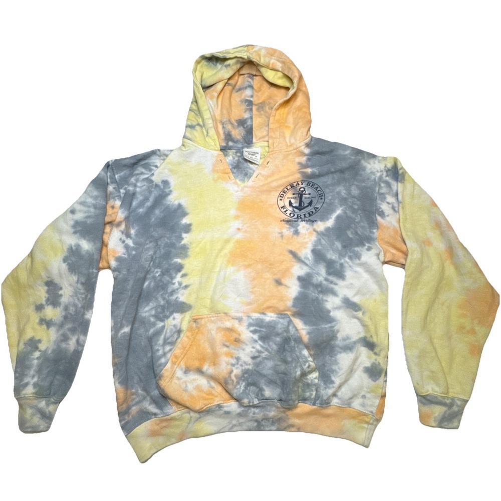 Southern Spirit Delray Beach Florida Tie Dye Hoodie XL Grey Yellow Orange Anchor